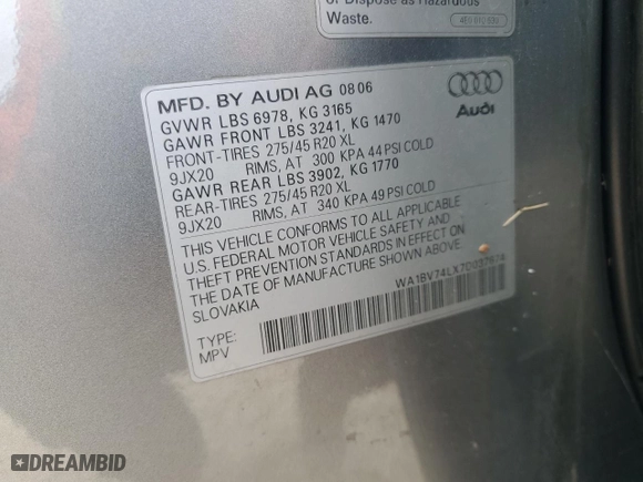 2007 Audi Q7 Premium with VIN WA1BV74LX7D037674, listed as a Copart auction lot 74876834 with 0 mi miles and Non Repairable. Bid and sale history available at carsss.com. Image 14.