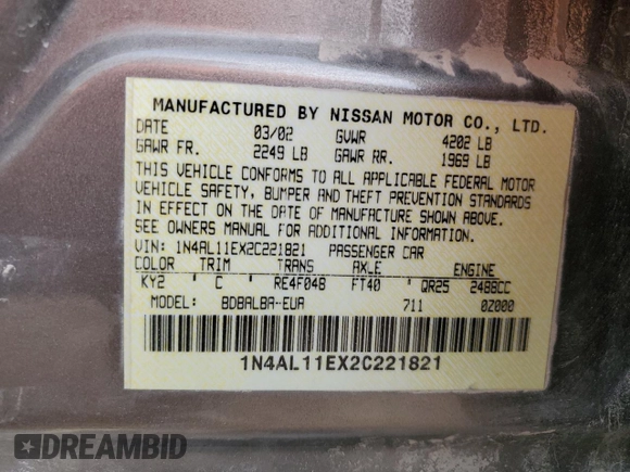 2002 Nissan Altima SL with VIN 1N4AL11EX2C221821, listed as a Copart auction lot 51666105 with 92,653 mi miles and Salvage Title. Bid and sale history available at carsss.com. Image 14.