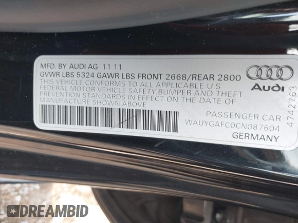 2012 Audi A7 Premium Plus with VIN WAUYGAFC0CN087604, listed as a IAAI auction lot 42747927 with 155,662 mi miles and . Bid and sale history available at DreamBid. Image 9.
