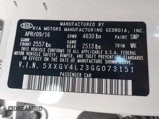 2016 Kia Optima SXL Turbo with VIN 5XXGV4L23GG073151, listed as a IAAI auction lot 41363341 with 74,226 mi miles. Bid and sale history available at carsss.com. Image 9.