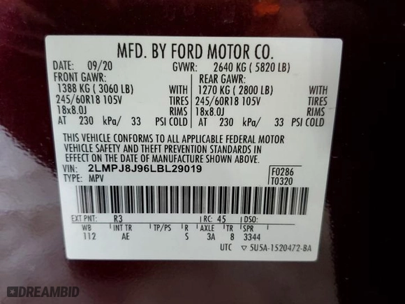 2020 Lincoln Nautilus Standard with VIN 2LMPJ8J96LBL29019, listed as a Copart auction lot 62662184 with 46,420 mi miles and Salvage Title. Bid and sale history available at carsss.com. Image 14.