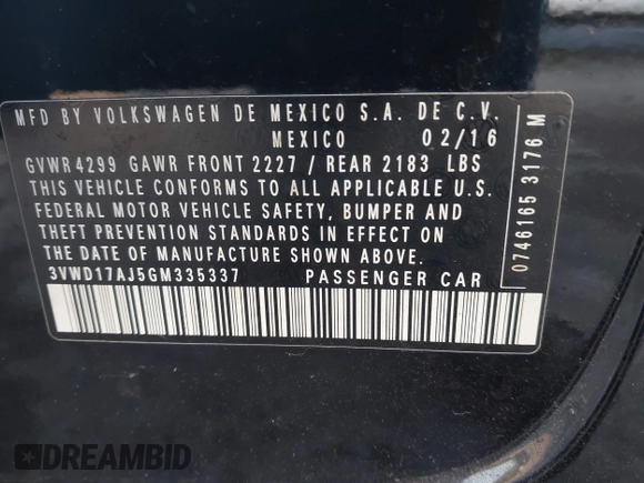 2016 Volkswagen Jetta Sport z VIN 3VWD17AJ5GM335337, wystawiony jako IAAI lot #42081987 z przebiegiem 93 215 mil mil oraz . Historia ofert i sprzedaży dostępna na DreamBid. Obrazek 9.