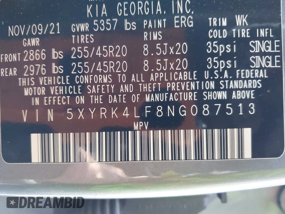 2022 Kia Sorento SX with VIN 5XYRK4LF8NG087513, listed as a IAAI auction lot 42038505 with 42,113 mi miles and . Bid and sale history available at DreamBid. Image 9.