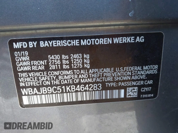 2019 BMW 5 Series M550i xDrive with VIN WBAJB9C51KB464283, listed as a IAAI auction lot 41397420 with Not provided miles and . Bid and sale history available at DreamBid. Image 9.