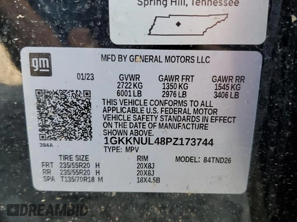 2023 GMC Acadia SLT with VIN 1GKKNUL48PZ173744, listed as a Copart auction lot 74770854 with Not Provided miles and Salvage Title. Bid and sale history available at DreamBid. Image 13.