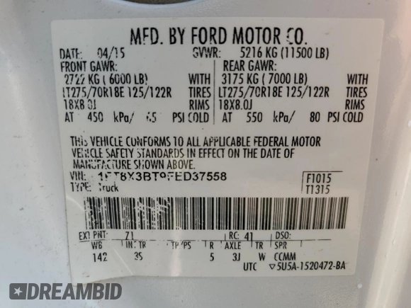 2015 Ford F-350 Lariat с VIN 1FT8X3BT9FED37558, выставлен на аукционе Copart как лот 62318945 с пробегом 109 232 миль миль и Списание • Salvage title. История ставок и продаж доступна на DreamBid. Изображение 12.
