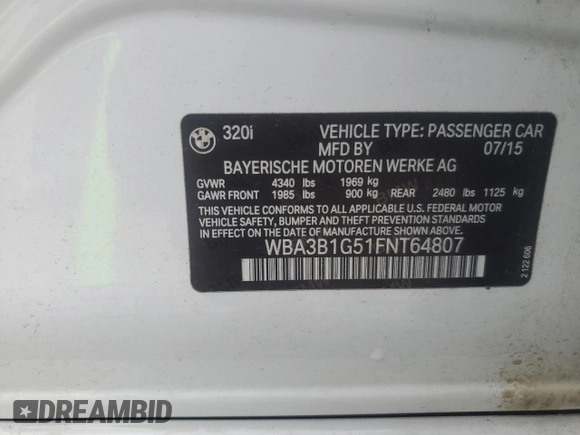 2015 BMW 3 Series 320i with VIN WBA3B1G51FNT64807, listed as a Copart auction lot 58673635 with 95,840 mi miles and Salvage title. Bid and sale history available at DreamBid. Image 12.