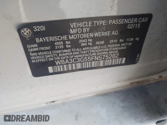2015 BMW 3 Series 320i xDrive с VIN WBA3C3G55FNS75282, выставлен на аукционе IAAI как лот 41336850 с пробегом 120 856 миль миль и . История ставок и продаж доступна на DreamBid. Изображение 9.