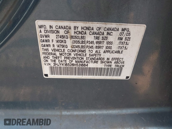 2006 Honda Ridgeline RTL with VIN 2HJYK16526H531884, listed as a IAAI auction lot 42796524 with 334,489 mi miles and . Bid and sale history available at DreamBid. Image 9.