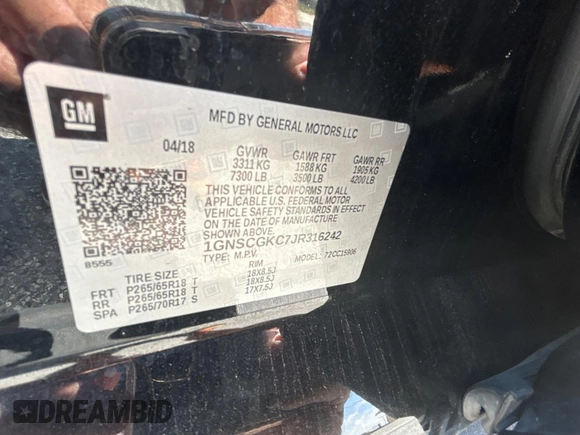 2018 Chevrolet Suburban LS with VIN 1GNSCGKC7JR316242, listed as a Copart auction lot 55782715 with 239,977 mi miles and Clean Title. Bid and sale history available at carsss.com. Image 10.