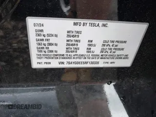 2024 Tesla Model Y Long Range z VIN 7SAYGDEE5RF130335, wystawiony jako IAAI lot #42250979 z przebiegiem 20 300 mil mil oraz . Historia ofert i sprzedaży dostępna na DreamBid. Obrazek 9.