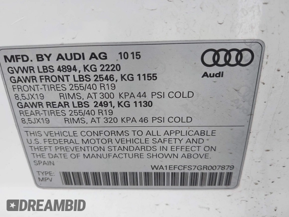 2016 Audi Q3 Premium Plus with VIN WA1EFCFS7GR007879, listed as a IAAI auction lot 41861100 with 99,338 mi miles and . Bid and sale history available at DreamBid. Image 9.