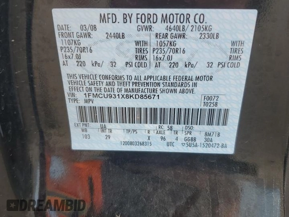 2008 Ford Escape XLT with VIN 1FMCU931X8KD85671, listed as a Copart auction lot 60652235 with 138,499 mi miles and Clean title. Bid and sale history available at DreamBid. Image 13.