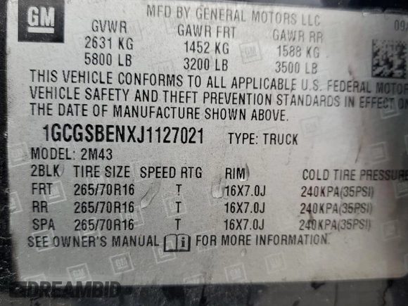 2018 Chevrolet Colorado 2WD Work Truck with VIN 1GCGSBENXJ1127021, listed as a Copart auction lot 54540185 with 70,211 mi miles and Salvage Title. Bid and sale history available at DreamBid. Image 12.