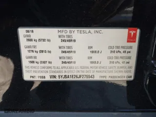 2018 Tesla Model S 75D with VIN 5YJSA1E26JF275543, listed as a IAAI auction lot 40922883 with 111,624 mi miles. Bid and sale history available at carsss.com. Image 9.