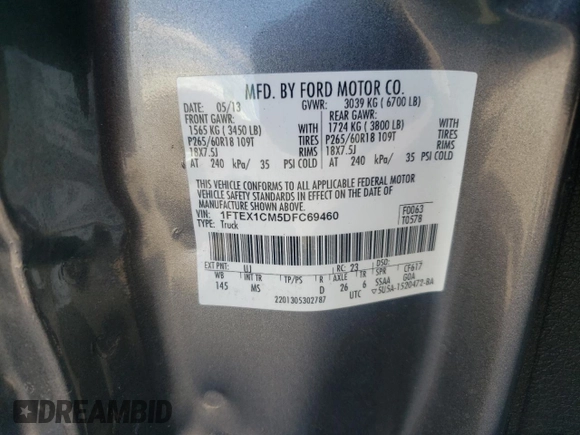 2013 Ford F-150 XL with VIN 1FTEX1CM5DFC69460, listed as a Copart auction lot 57601805 with 81,338 mi miles and Salvage title. Bid and sale history available at DreamBid. Image 12.