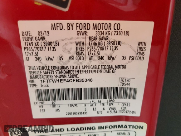 2012 Ford F-150 XL with VIN 1FTFW1EF4CFB35348, listed as a Copart auction lot 62823115 with 208,883 mi miles and Salvage title. Bid and sale history available at DreamBid. Image 12.