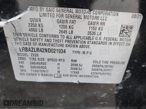 2022 Buick Envision Preferred with VIN LRBAZLR42ND021934, listed as a IAAI auction lot 41037157 with 59,568 mi miles. Bid and sale history available at carsss.com. Image 9.
