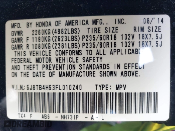 2015 Acura RDX Tech Pkg with VIN 5J8TB4H53FL010240, listed as a IAAI auction lot 42011132 with 267,712 mi miles. Bid and sale history available at carsss.com. Image 9.