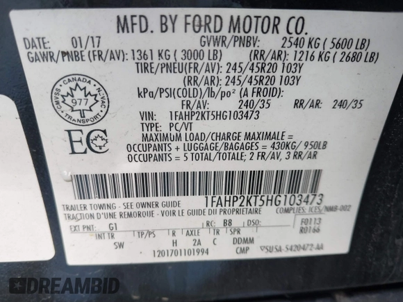 2017 Ford Taurus SHO with VIN 1FAHP2KT5HG103473, listed as a IAAI auction lot 41764499 with 58,436 mi miles and . Bid and sale history available at DreamBid. Image 9.