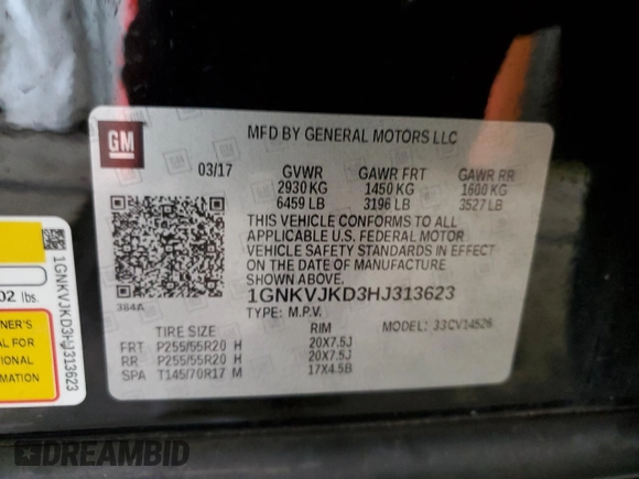 2017 Chevrolet Traverse Premier with VIN 1GNKVJKD3HJ313623, listed as a Copart auction lot 48889755 with 152,398 mi miles and Salvage Title. Bid and sale history available at DreamBid. Image 13.
