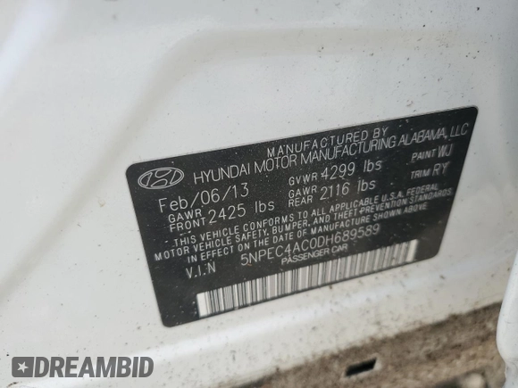 2013 Hyundai Sonata Limited z VIN 5NPEC4AC0DH689589, wystawiony jako Copart lot #59900595 z przebiegiem 113 269 mil mil oraz Szkoda całkowita • Salvage title. Historia ofert i sprzedaży dostępna na DreamBid. Obrazek 12.