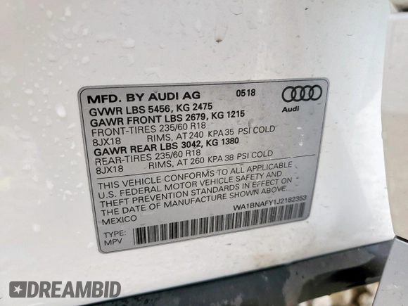 2018 Audi Q5 Premium Plus z VIN WA1BNAFY1J2182353, wystawiony jako Copart lot #58985335 z przebiegiem 52 367 mil mil oraz Szkoda całkowita • Salvage title. Historia ofert i sprzedaży dostępna na DreamBid. Obrazek 13.