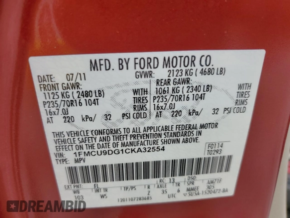 2012 Ford Escape XLT with VIN 1FMCU9DG1CKA32554, listed as a Copart auction lot 62375475 with 125,072 mi miles and Clean title. Bid and sale history available at DreamBid. Image 14.
