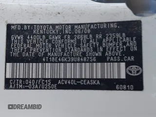 2009 Toyota Camry with VIN 4T1BE46K39U848756, listed as a IAAI auction lot 41563077 with 260,050 mi miles. Bid and sale history available at carsss.com. Image 9.