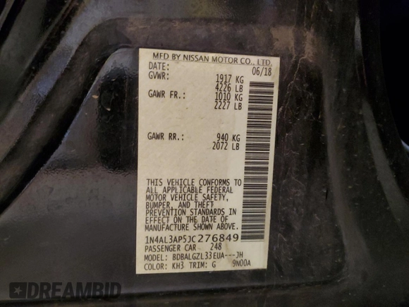 2018 Nissan Altima S with VIN 1N4AL3AP5JC276849, listed as a Copart auction lot 50606615 with 95,085 mi miles and Salvage Title. Bid and sale history available at DreamBid. Image 14.