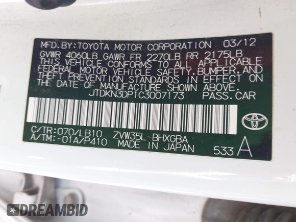 2012 Toyota Prius with VIN JTDKN3DP1C3007173, listed as a IAAI auction lot 42164386 with 220,026 mi miles and . Bid and sale history available at DreamBid. Image 9.