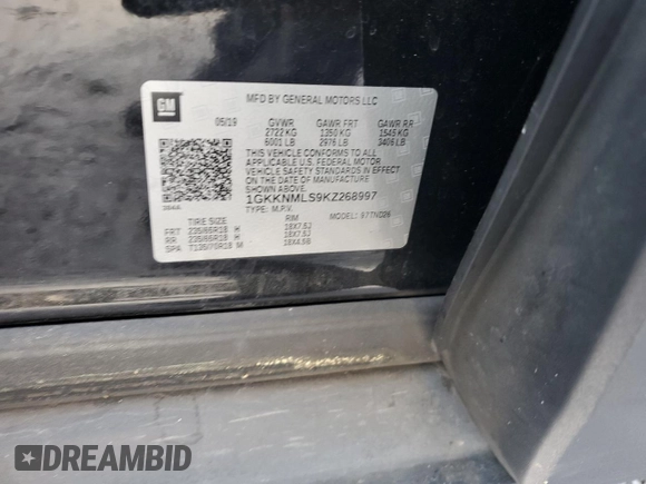 2019 GMC Acadia SLT z VIN 1GKKNMLS9KZ268997, wystawiony jako Copart lot #53607855 z przebiegiem 218 932 mil mil oraz Szkoda całkowita • Salvage title. Historia ofert i sprzedaży dostępna na DreamBid. Obrazek 13.