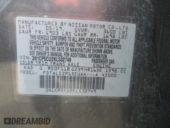 2019 Nissan Kicks S with VIN 3N1CP5CU2KL532749, listed as a Copart auction lot 51682655 with 136,070 mi miles and Clean Title. Bid and sale history available at DreamBid. Image 14.