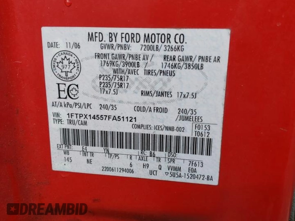 2007 Ford F-150 XLT with VIN 1FTPX14557FA51121, listed as a Copart auction lot 63959045 with 229,314 mi miles and Salvage title. Bid and sale history available at DreamBid. Image 12.
