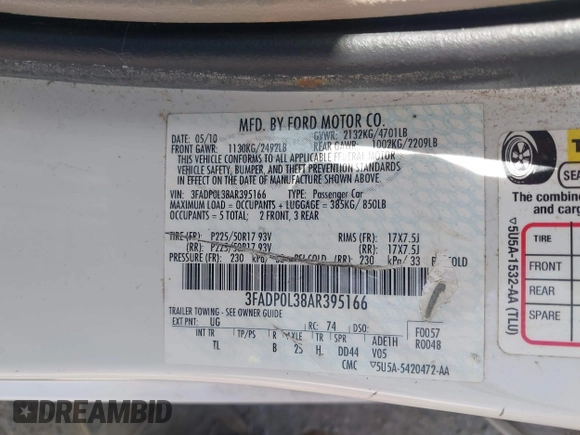 2010 Ford Fusion Hybrid with VIN 3FADP0L38AR395166, listed as a IAAI auction lot 42814717 with 43,099 mi miles and . Bid and sale history available at DreamBid. Image 9.