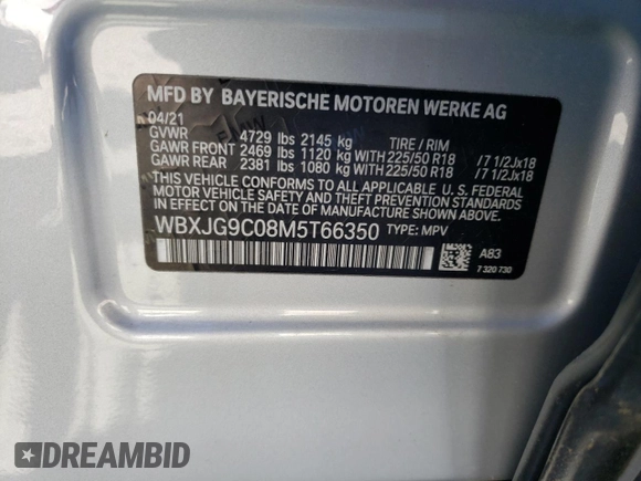 2021 BMW X1 xDrive28i with VIN WBXJG9C08M5T66350, listed as a Copart auction lot 43966353 with 1,721 mi miles. Bid and sale history available at carsss.com. Image 13.