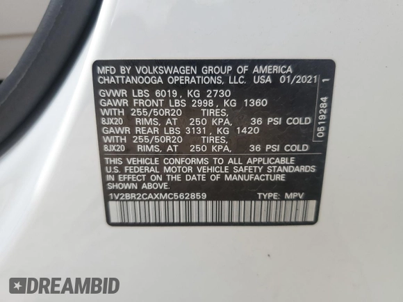2021 Volkswagen Atlas SEL with VIN 1V2BR2CAXMC562859, listed as a Copart auction lot 60816645 with 72,410 mi miles and Salvage title. Bid and sale history available at DreamBid. Image 13.
