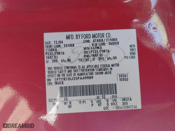 2005 Ford Ranger XL with VIN 1FTYR10U25PA49989, listed as a IAAI auction lot 41806503 with 171,384 mi miles. Bid and sale history available at carsss.com. Image 9.