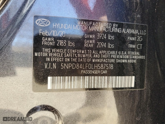 2020 Hyundai Elantra SEL with VIN 5NPD84LF0LH587518, listed as a Copart auction lot 48354935 with 39,385 mi miles and Salvage Title. Bid and sale history available at carsss.com. Image 12.