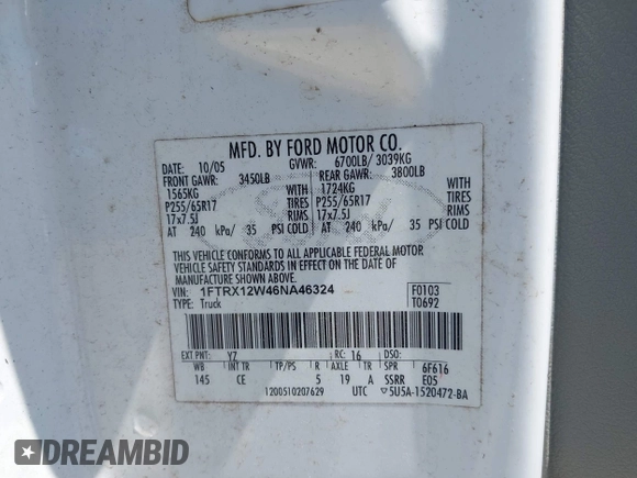 2006 Ford F-150 STX with VIN 1FTRX12W46NA46324, listed as a IAAI auction lot 42413103 with 109,717 mi miles and . Bid and sale history available at DreamBid. Image 9.