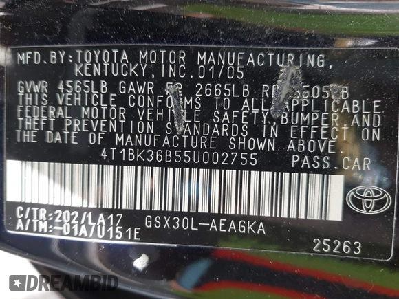 2005 Toyota Avalon XL with VIN 4T1BK36B55U002755, listed as a IAAI auction lot 42234170 with 290,587 mi miles and . Bid and sale history available at DreamBid. Image 9.