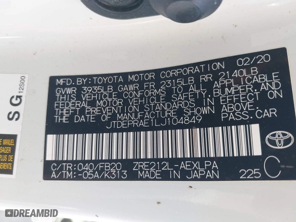 2020 Toyota Corolla LE with VIN JTDEPRAE1LJ104849, listed as a IAAI auction lot 42073209 with 83,042 mi miles. Bid and sale history available at carsss.com. Image 9.