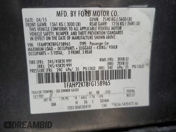 2015 Ford Taurus SHO with VIN 1FAHP2KT8FG158965, listed as a Copart auction lot 89404715 with 122,032 mi miles and Salvage Title. Bid and sale history available at DreamBid. Image 14.