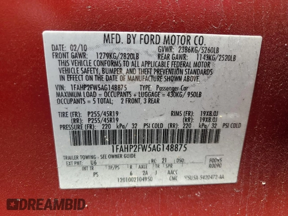 2010 Ford Taurus Limited z VIN 1FAHP2FW5AG148875, wystawiony jako Copart lot #59106595 z przebiegiem 218 500 mil mil oraz Szkoda całkowita • Salvage title. Historia ofert i sprzedaży dostępna na DreamBid. Obrazek 12.