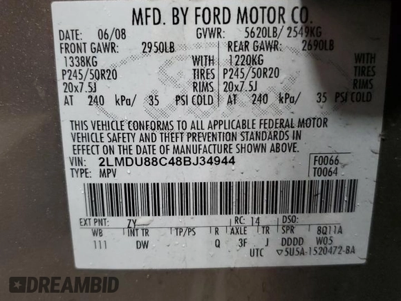 2008 Lincoln MKX with VIN 2LMDU88C48BJ34944, listed as a Copart auction lot 57817805 with 187,376 mi miles and Salvage title. Bid and sale history available at DreamBid. Image 14.