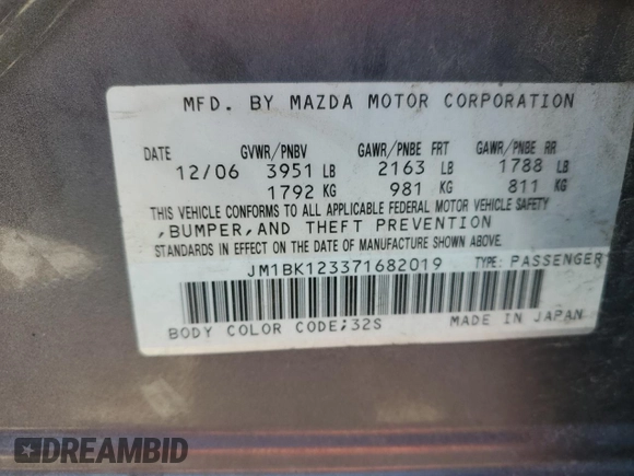 2007 Mazda 3 s Sport with VIN JM1BK123371682019, listed as a Copart auction lot 63562714 with 209,219 mi miles and Clean Title. Bid and sale history available at carsss.com. Image 12.