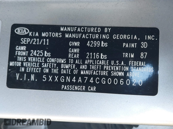 2012 Kia Optima EX with VIN 5XXGN4A74CG006020, listed as a IAAI auction lot 41792019 with 77,582 mi miles. Bid and sale history available at carsss.com. Image 9.