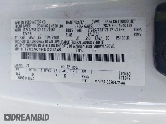 2017 Ford F-350 with VIN 1FT7X3A64HED21245, listed as a IAAI auction lot 41624705 with 123,691 mi miles and . Bid and sale history available at DreamBid. Image 9.