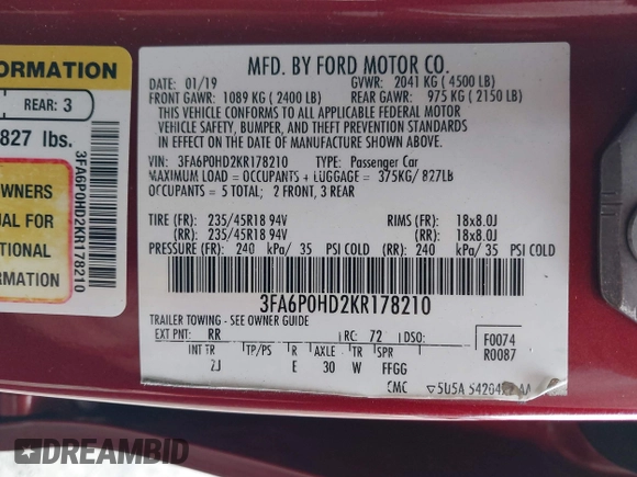 2019 Ford Fusion SE with VIN 3FA6P0HD2KR178210, listed as a IAAI auction lot 41665064 with 1 mi miles. Bid and sale history available at carsss.com. Image 9.