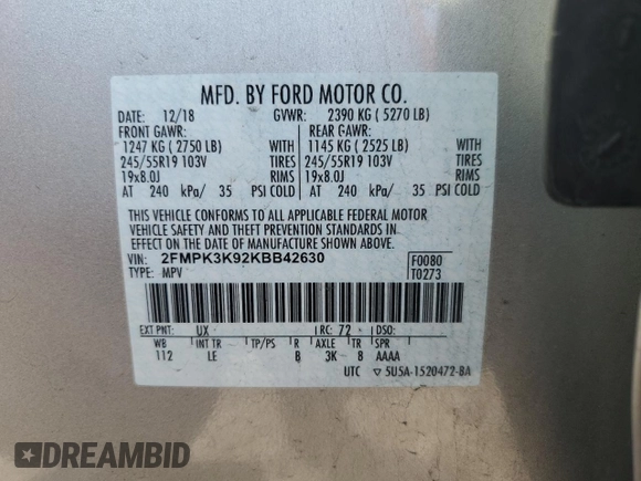 2019 Ford Edge Titanium с VIN 2FMPK3K92KBB42630, выставлен на аукционе Copart как лот 60984945 с пробегом 101 321 миль миль и Списание • Salvage title. История ставок и продаж доступна на DreamBid. Изображение 14.